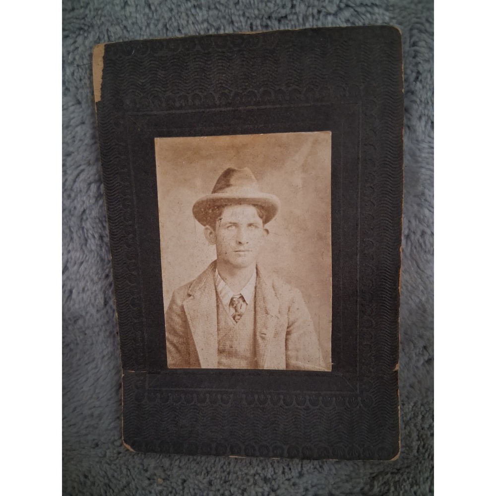 Antique Sepia Portrait Man in Fedora Hat Embossed Card Frame Early 1900s 3" x 4"